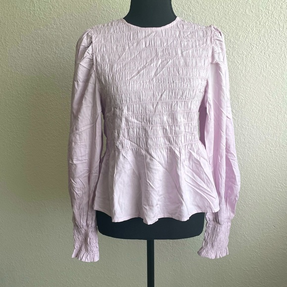 Stylish Puffed Sleeve Pull Over Blouse Light Pink/ Violet Ruffled Top - Picture 5 of 11